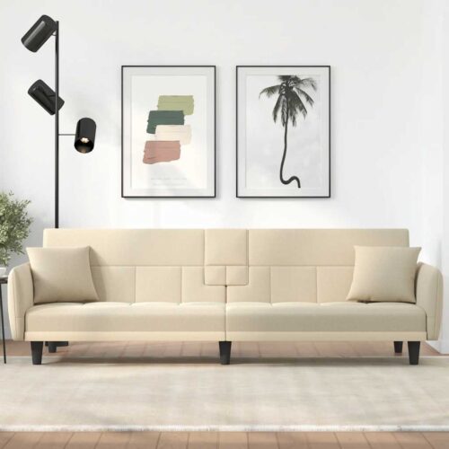 Sofa Bed with Cup Holders Cream Fabric - Image 2