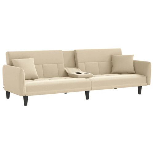 Sofa Bed with Cup Holders Cream Fabric - Image 5