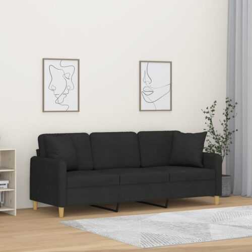 3-Seater Sofa with Throw Pillows Black 180cm Fabric - Image 2