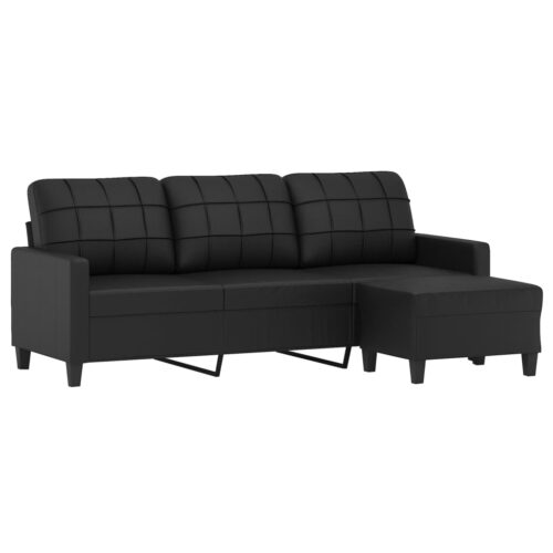 3-Seater Sofa with Footstool Black 180cm Faux Leather - Image 3