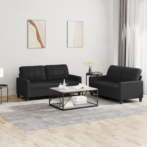2-Piece Sofa Set with Cushions Black Faux Leather Modern Living Room Lounge Couch Armchairs - Image 2