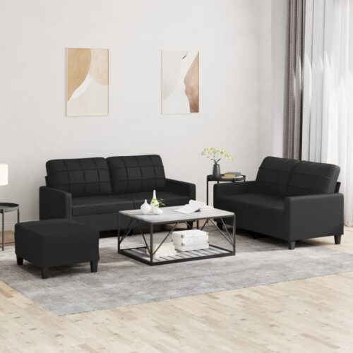 3-Piece Sofa Set with Cushions Black Faux Leather Modern Living Room Lounge Couch Armchairs - Image 2