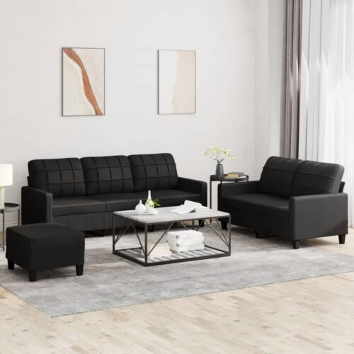 3-Piece Sofa Set with Cushions Black Faux Leather Modern Living Room Lounge Couch Armchairs - Image 2