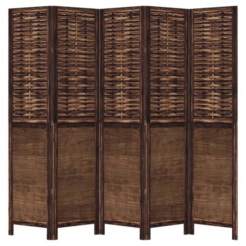 5-Panels Room Divider Folding Privacy Screen Stand Partition Paulownia Wood Dark Brown - Image 4