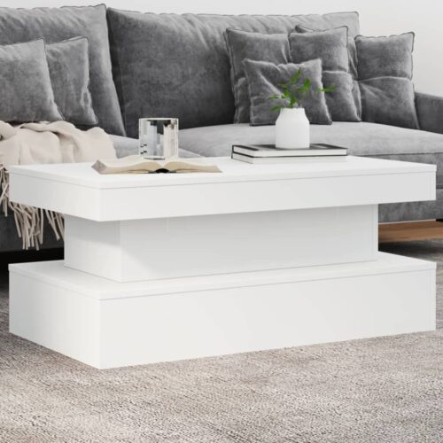 LED Lights Wooden Coffee Table Modern Lounge Sofa Lamp Side Storage Stand White 90x50x40cm - Image 2