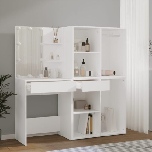 LED Dressing Table with 2 Cabinets White Engineered Wood - Image 5