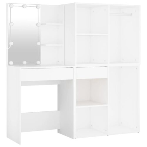 LED Dressing Table with 2 Cabinets White Engineered Wood - Image 7