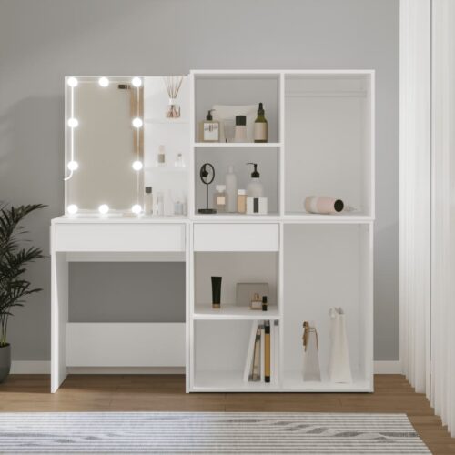 LED Dressing Table with 2 Cabinets White Engineered Wood - Image 13