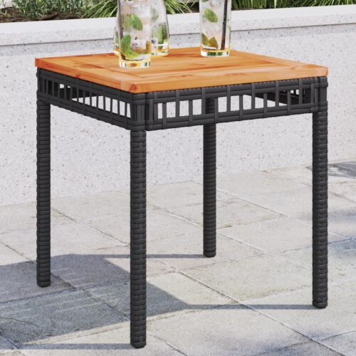Garden Table Black 38x38x42cm Poly Rattan Acacia Wood - Image 2