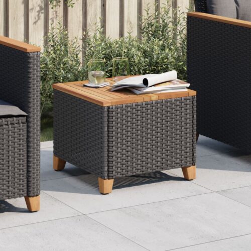 Garden Table Black 45x45x37cm Poly Rattan Acacia Wood - Image 2