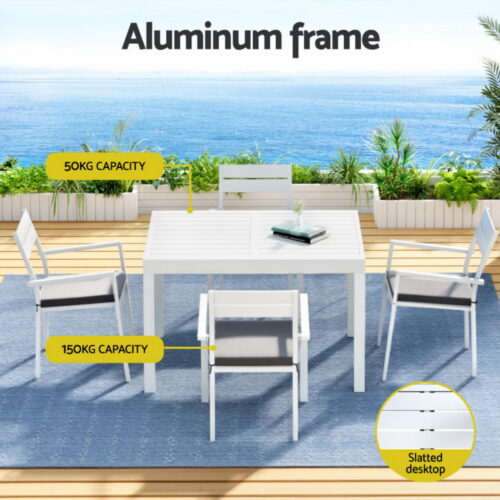 Gardeon Outdoor Dining Set 5 Piece Aluminum Extendable Table Setting White - Image 4