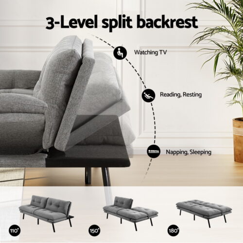 Artiss Sofa Bed Convertible 3 Seater Couch Recliner Lounge Chair Fabric Grey - Image 4