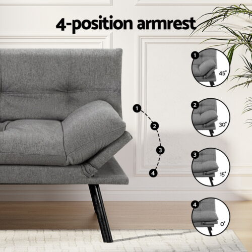 Artiss Sofa Bed Convertible 3 Seater Couch Recliner Lounge Chair Fabric Grey - Image 5