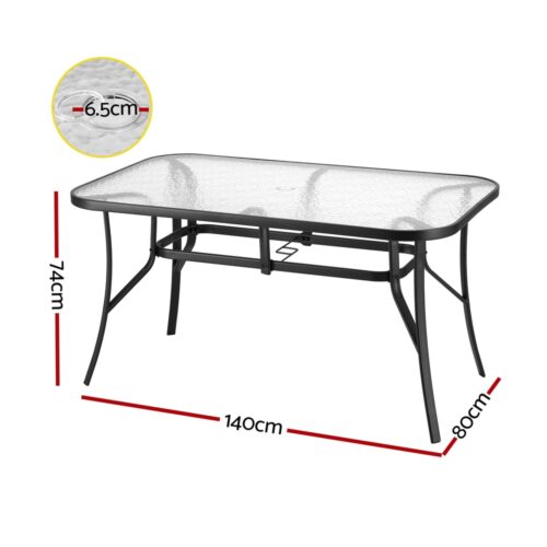 Gardeon 140CM Outdoor Dining Table Steel Frame Tempered Glass Parasol Hole Black - Image 2