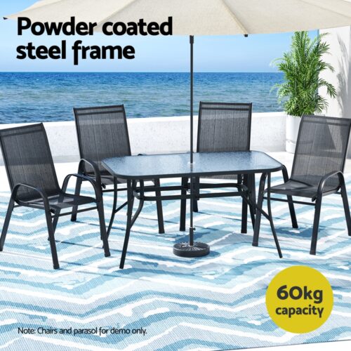 Gardeon 140CM Outdoor Dining Table Steel Frame Tempered Glass Parasol Hole Black - Image 4