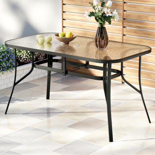 Gardeon 140CM Outdoor Dining Table Steel Frame Tempered Glass Parasol Hole Black - Image 7