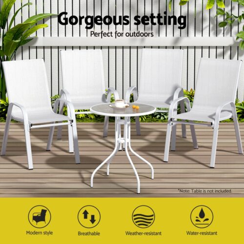 Gardeon 4PC Outdoor Dining Chairs Stackable Lounge Chair Patio Furniture White - Image 4