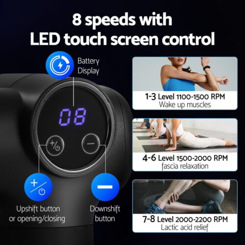 Everfit Massage Gun 8 Speed 4 Heads Vibration Muscle Massager Chargeable Black - Image 6