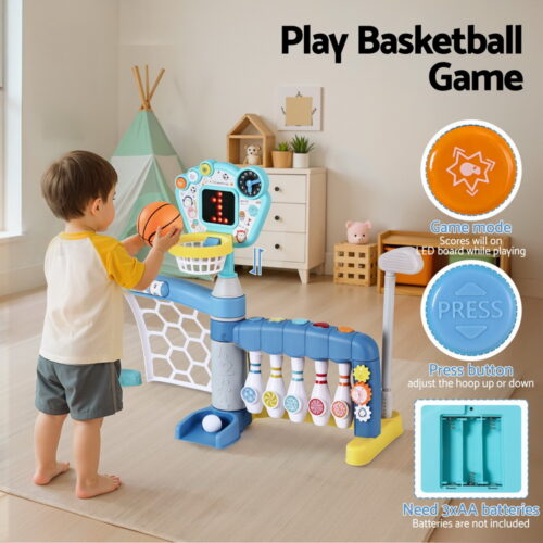 Keezi Kids Basketball Hoop Stand Bowling Baseball Golf Game Sports Toys Set Blue - Image 4