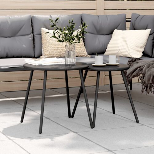 2pcs Garden Coffee Tables Round Black Powder-coated Steel - Image 2