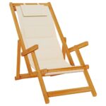 Folding Beach Chair with Armrests Cream Acacia Wood Textilene
