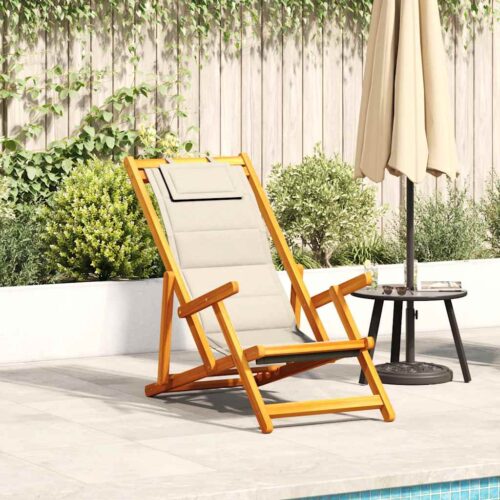 Folding Beach Chair with Armrests Cream Acacia Wood Textilene - Image 2