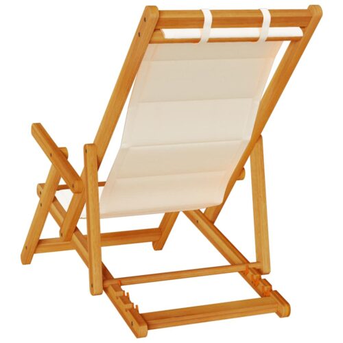 Folding Beach Chair with Armrests Cream Acacia Wood Textilene - Image 7