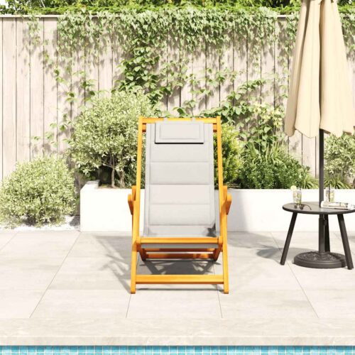 Folding Beach Chair with Armrests Light Grey Acacia Wood Textilene - Image 3