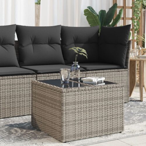 Glass Top Side Table Wicker Rattan Outdoor Patio Lounge Garden Coffee Stand Grey 55x37cm - Image 2