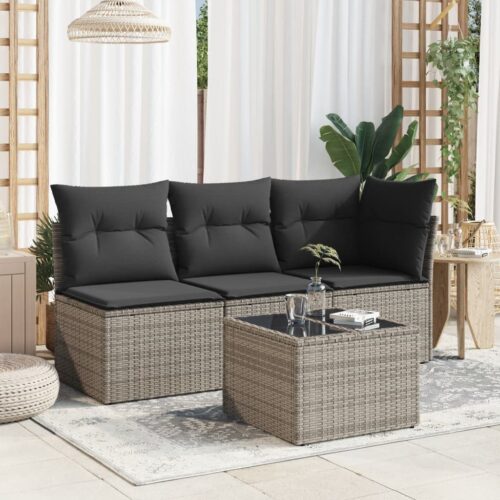 Glass Top Side Table Wicker Rattan Outdoor Patio Lounge Garden Coffee Stand Grey 55x37cm - Image 3