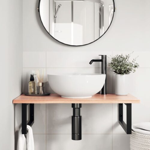 Basin Shelf Wall Mounted Steel Solid Wood Oak - Image 3