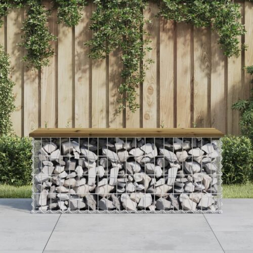 Gabion Garden Bench Outdoor Patio Wooden Pine Park Seat Chair Steel 103x44x42cm - Image 2