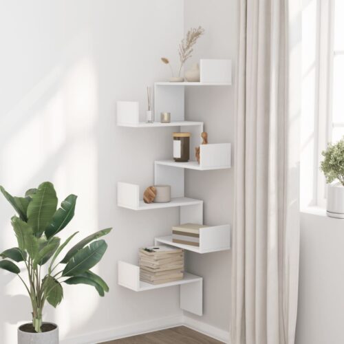 Wooden Wall Corner Shelf White 45x45x147cm - Image 3