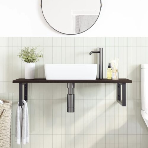 Basin Shelf Wall Mounted Steel Solid Wood Oak - Image 3