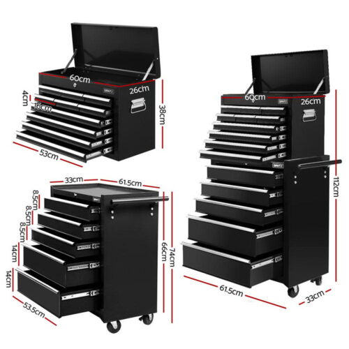 Giantz 15 Drawers Tool Chest Trolley Toolbox 2-in-1 Storage Black - Image 2