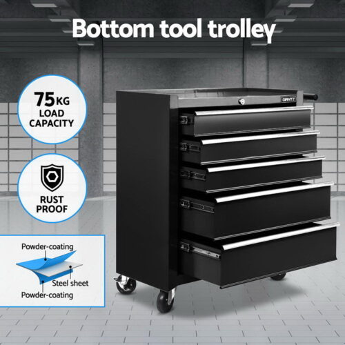 Giantz 15 Drawers Tool Chest Trolley Toolbox 2-in-1 Storage Black - Image 4