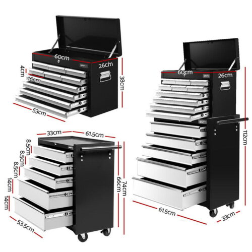 Giantz 15 Drawers Tool Chest Trolley Toolbox 2-in-1 Storage Black & Grey - Image 2