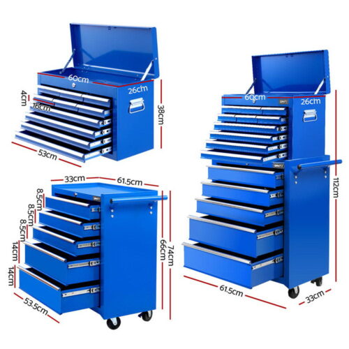 Giantz 15 Drawers Tool Chest Trolley Toolbox 2-in-1 Storage Blue - Image 2
