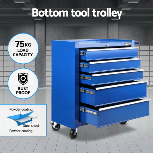 Giantz 15 Drawers Tool Chest Trolley Toolbox 2-in-1 Storage Blue - Image 4
