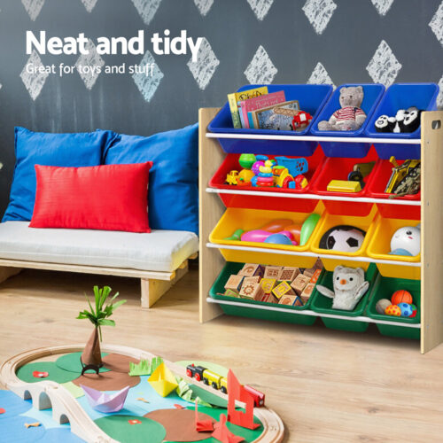 Keezi Kids Toy Box 12 Bins Bookshelf Organiser Children Storage Rack - Image 4