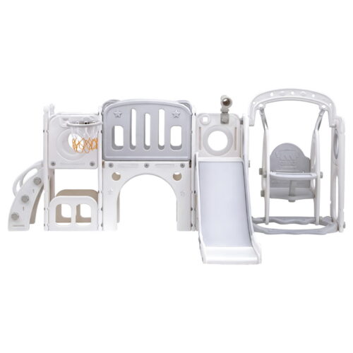 Keezi Kids Slide Swing Set Basketball Hoop Ring Football Outdoor Toys 132cm grey - Image 2