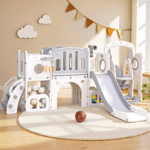 Keezi Kids Slide Swing Set Basketball Hoop Ring Football Outdoor Toys 132cm grey - Image 6