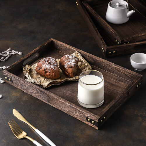 Small Walnut Brown Rectangle Wooden Tray Breakfast Dinner Serving Board Tea Set Holder Kitchen Decor - Image 3