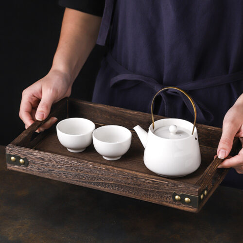 Small Walnut Brown Rectangle Wooden Tray Breakfast Dinner Serving Board Tea Set Holder Kitchen Decor - Image 4