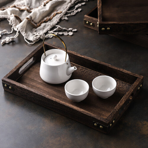 Small Walnut Brown Rectangle Wooden Tray Breakfast Dinner Serving Board Tea Set Holder Kitchen Decor - Image 5