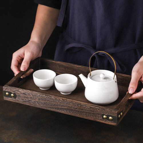 Medium Walnut Rectangle Wooden Tray Breakfast Dinner Serving Board Tea Set Holder Kitchen Decor - Image 4
