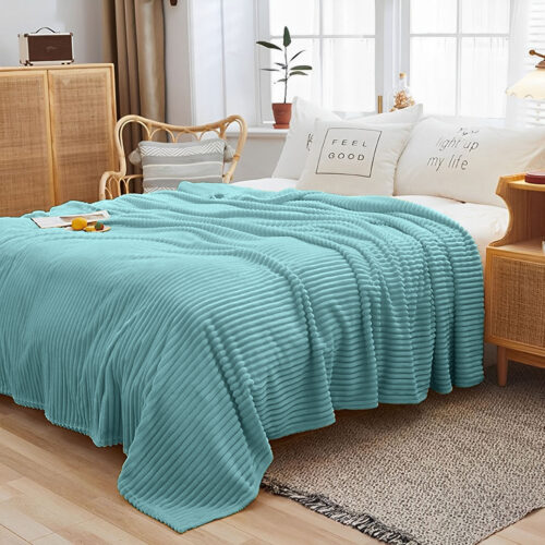 Sky Blue Throw Blanket Warm Cozy Striped Pattern Thin Flannel Fleece Bed Sofa Comforter - Image 2
