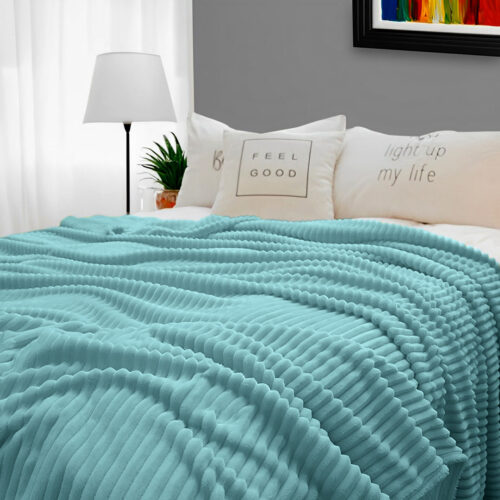 Sky Blue Throw Blanket Warm Cozy Striped Pattern Thin Flannel Fleece Bed Sofa Comforter - Image 6