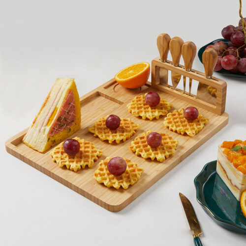36cm Brown Wood Cheese Board Charcuterie Serving Tray with Knife Set Countertop Decor - Image 3