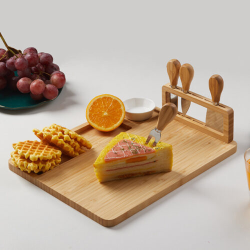 36cm Brown Wood Cheese Board Charcuterie Serving Tray with Knife Set Countertop Decor - Image 6